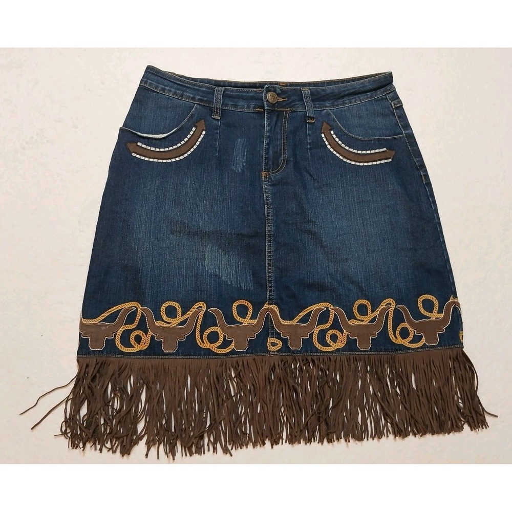 Wrangler Premium Patch Western Denim Mini Skirt Fringe Embroidered Y2K Size S P